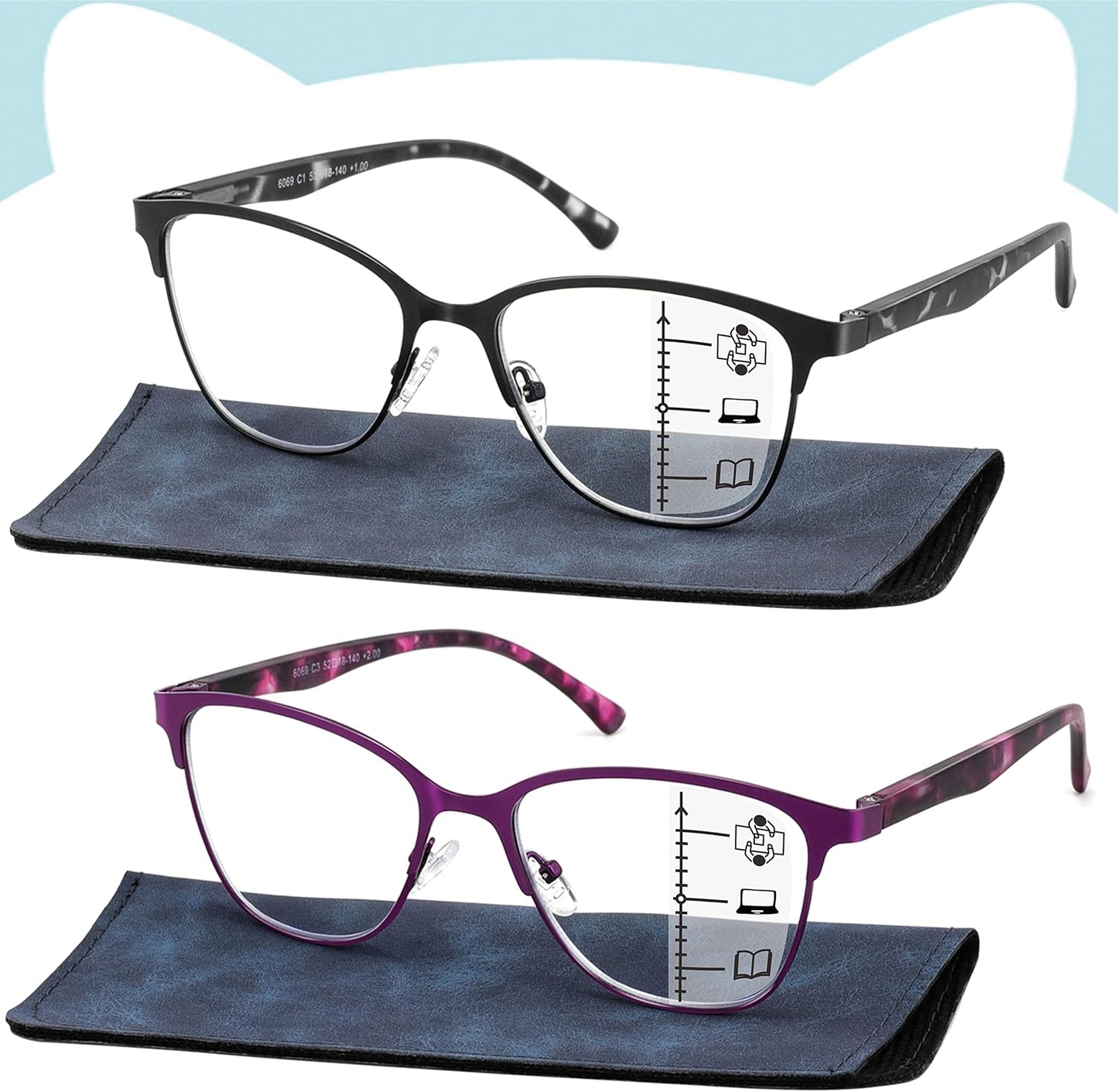 Progressive Multifocal Reading Glasses Women Cat Eye No Line Multifocus Transition Blue Light Reader Lady Metal Frame