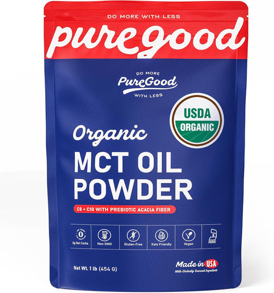 PureGood Organic MCT Oil Powder with Prebiotic Fiber, 1 Pound (16 oz) | C8 & C10 from Coconuts | MCT Oil Coffee Creamer, Unflavored | Non-GMO, Vegan, Kosher, Gluten Free
