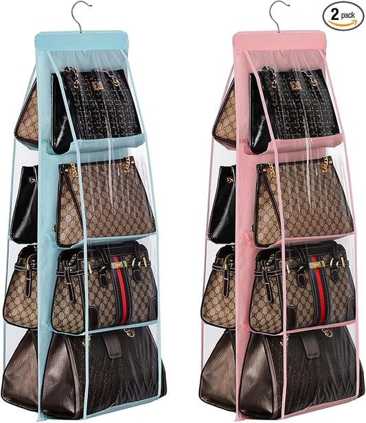 Lirex 2 Pack 8-Pocket Hanging Purse Organizer Bundle, Minimalist Style, Hanging Handbag Organizer for Closet, Light Blue and Light Pink