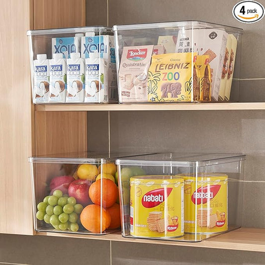 4Extra Large Lidded Plastic container , Clear Stackable Storage Boxes for Cabinets, Organization and Storage for Shelves Office Bathroom (4Extra Large)