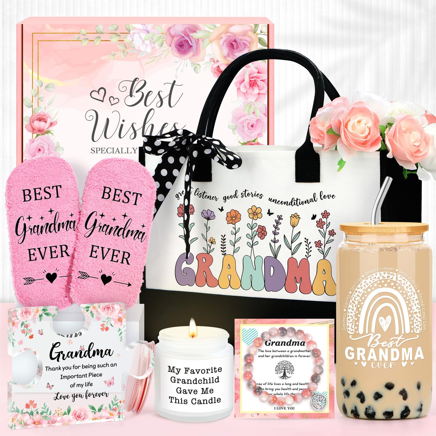 Grandma Gifts for Grandma Birthday Gifts from Grandkids Unique New Grandmother Gift for Nana Gift Ideas for Grandmas Cool Presents for Grandmas Bracelet Tote Bag Cup Candle Socks Acrylic Puzzle