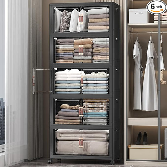 Extra Large Stackable Storage Bins with Lids & Wheels & Door,Foldable Collapsible Closet Organizers, Plastic containers drawers for bedroom Dorm (Dark-112QT, 5Pack with 1 top lid)