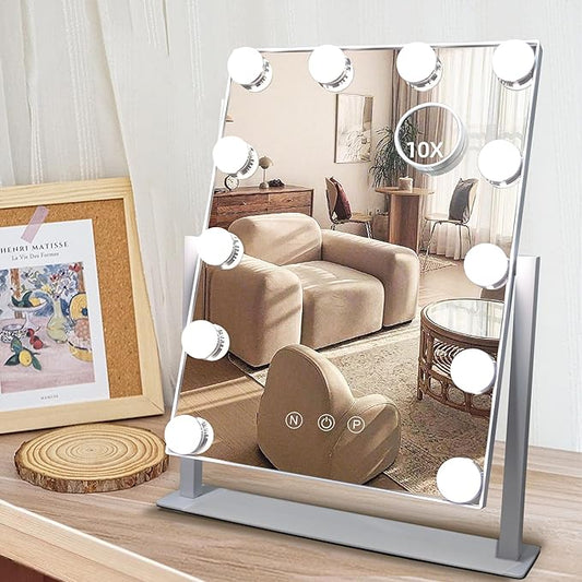 Hollywood Vanity Mirror with Lights, 12 Dimmable LED Bulbs Lighted Makeup Mirror with Detachable 10X Magnification Mirror, 1000mAh Rechargeable, 3 Color Lights, Touch Control