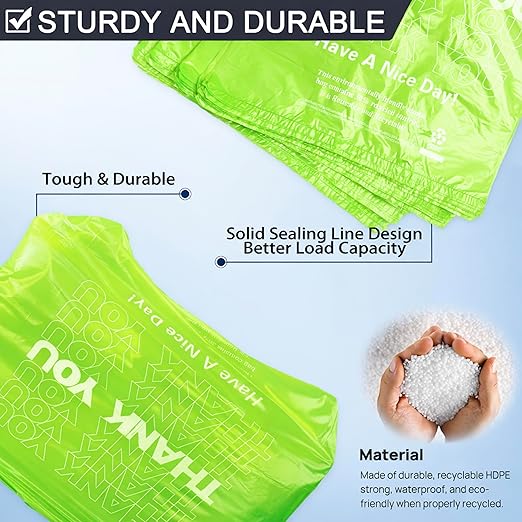 Green Thank you bags, 200PCS T shirt bags, To Go Bags,Grocery bags, Reusable and Disposable,Perfect for Small Business,Take Out,Retail, Large