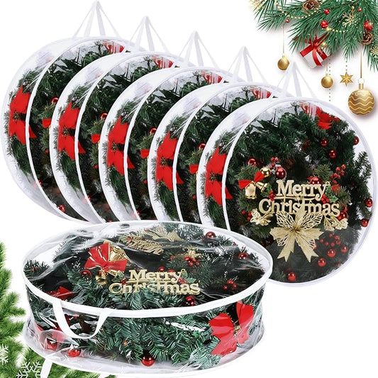 Shappy 6 Pieces Christmas Wreath Storage Container 30 Inch Wreath Plastic Storage Bags with Dual Zippers and Handles for Xmas Thanksgiving Holiday Artificial (Clear)