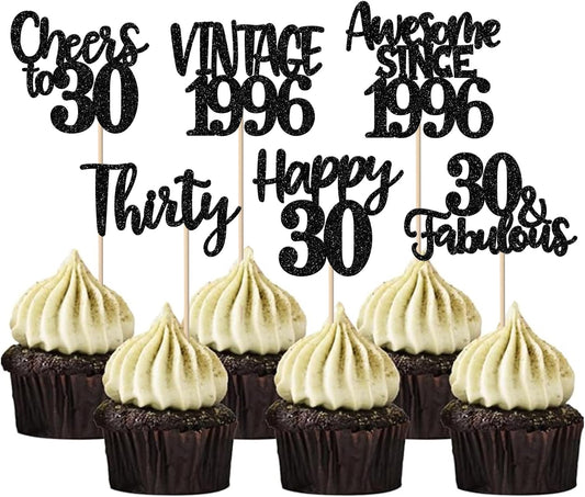 Rsstarxi 24 Pack Vintage 1996 Cupcake Toppers Black Glitter Happy 30th Birthday Cheers to 30 Thirty 30 Fabulous Cupcake Picks for Happy 30th Birthday Wedding Anniversary Party Cake Decorations