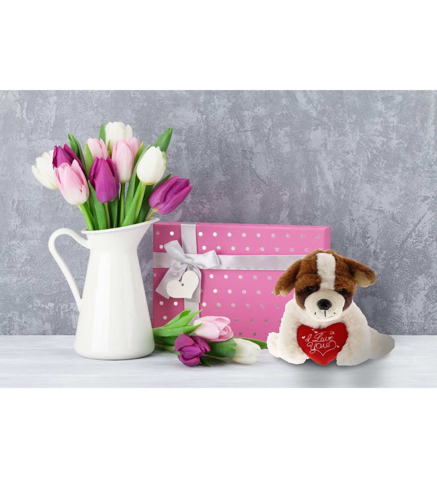 DolliBu I Love You Valentine Plush St. Bernard Dog - Cute Stuffed Animal with Red Heart and Name Personalization Gift for Valentines Day, Birthday, Anniversary, Romantic Date - 8 Inches
