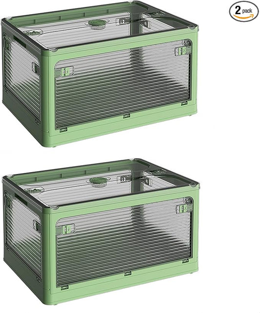 49Qt(2Pack) 20.3x14.2x11.8 Clear Plastic Storage Bins With Lids, collapsible, stackable With Wheels and Four Doors, Closet Pantry Organizer,Clothes Organizer,Plastic Tool Box,Bathroom