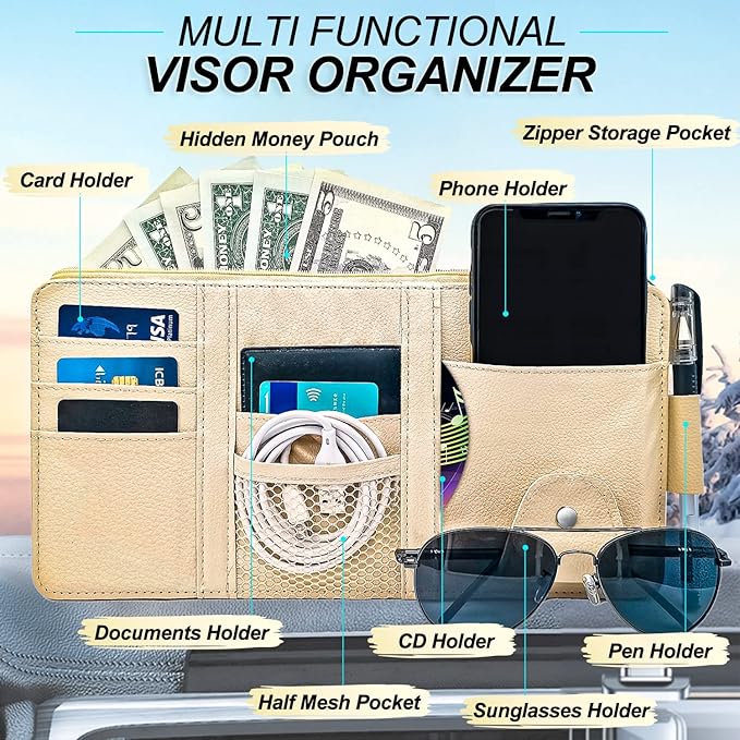 Keedolla Car Sun Visor Organizer Auto Interior Accessories Pocket Organizer, Sunglasses Holder Car Truck Visor Storage Pouch for Cards, Pens and Document - Beige
