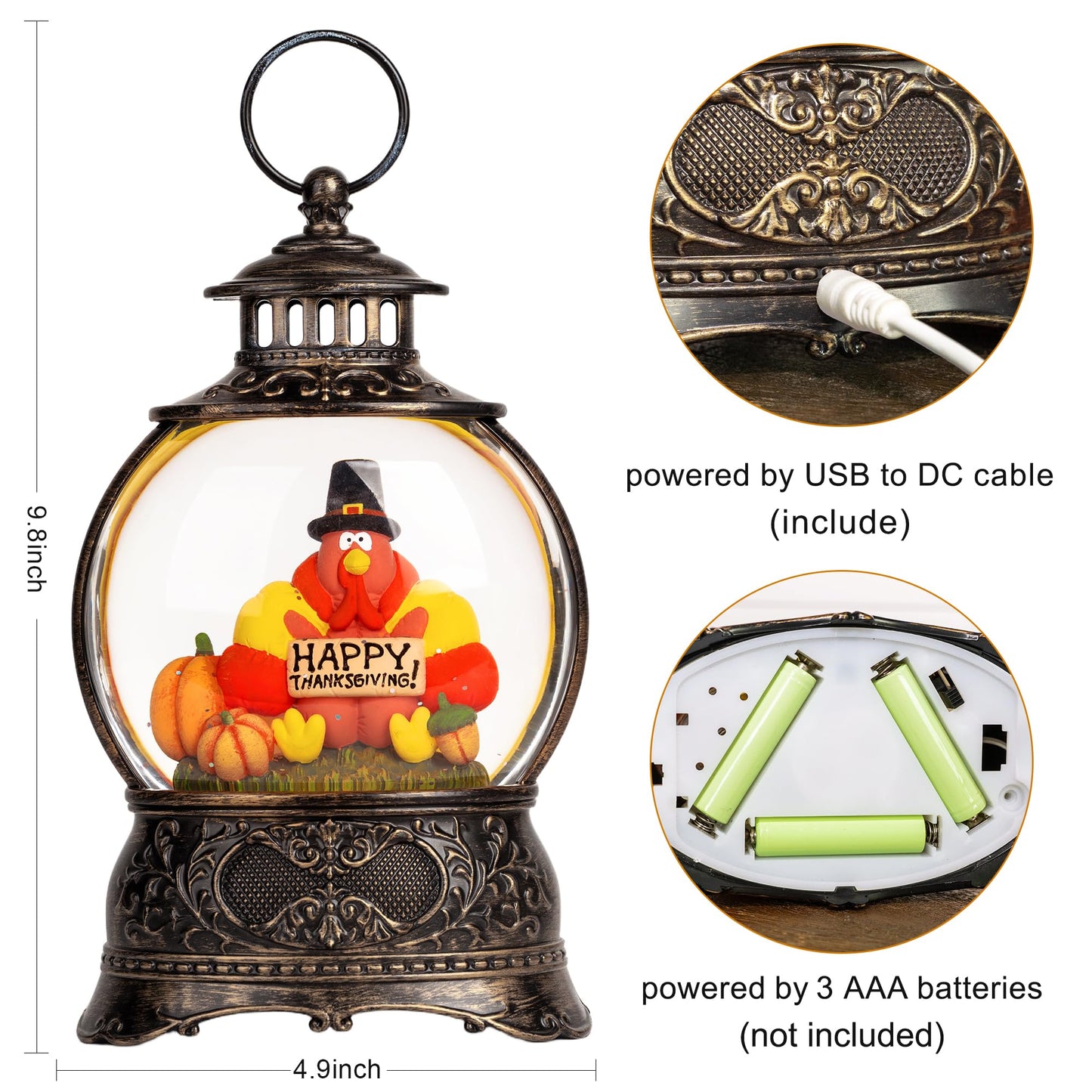 Fall Snow Globes Thanksgiving WaterLantern Swirling Glitter Snow Globe for Autumn Harvest Day Decorations Home Fall Halloween Decor Gifts (Turkey & Pumpkins)