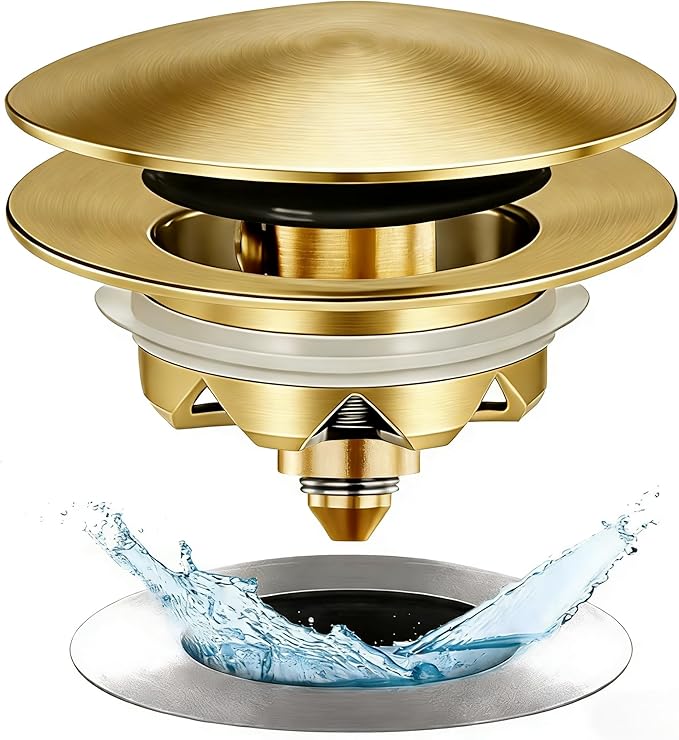 Bathtub Drain Stopper, Pop Up Tub Stopper and Cover, Bottom with Hair Catcher, Universal for 1.45 in to 1.8 in Drain, Replaces Old Drain Plug, Brushed Gold