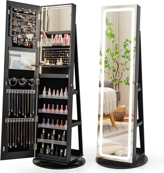 GOFLAME 360Â° Swivel Jewelry Cabinet Armoire with Full Length Mirror, Standing Jewelry Storage Organizer with Rear Storage Shelves, 3-Color LED Lights, Foldable Shelf, Interior Mirror, Black