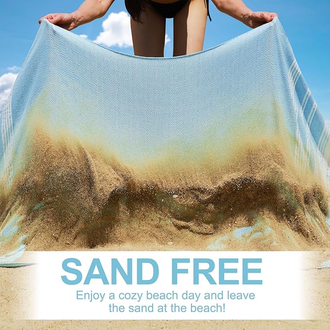 Genovega Oversized Turkish Beach Towels 74"x38" Thin Quick Dry Sand Free Pool Swim Bathing Towel Extra Large Blanket Adult Travel Essentials Cruise Accessories Must Haves Summer Light Blue Stuff