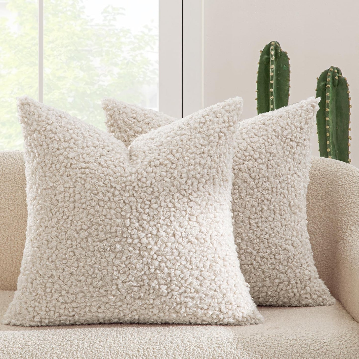 MIULEE Pack of 2 Faux Fur Throw Pillow Covers 18x18 Inch Neutral Light Beige Boucle Decorative Sherpa Pillow Covers Fuzzy Accent Soft Sheepskin Fleece for Boho Home Decor Couch Living Room Bed