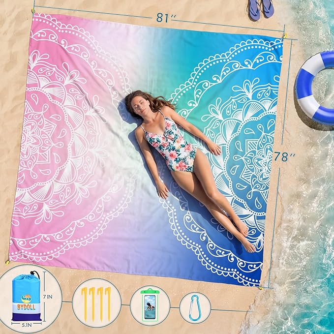 BYDOLL Beach Blanket Waterproof Sandproof 78''×81'' Suits1-4 Adults Compact Lightweight Oversized Sand-Free Blanket Large Picnic Mat for Beach Travel Camping Hiking