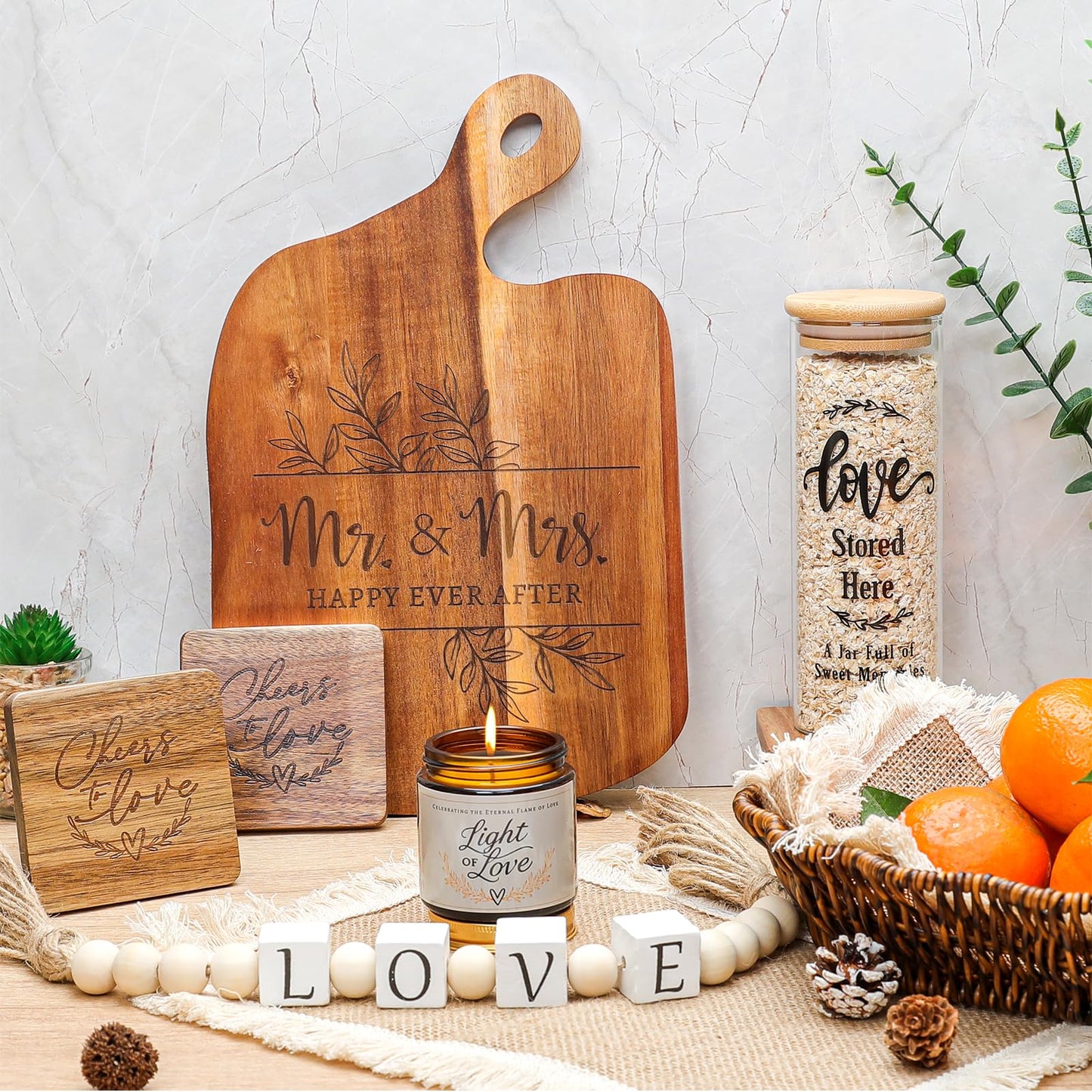 Wedding Gifts for Couples 2025,Bride Shower Gifts,Anniversary Engagement Gift,Mr and Mrs Cutting Board Basket Set