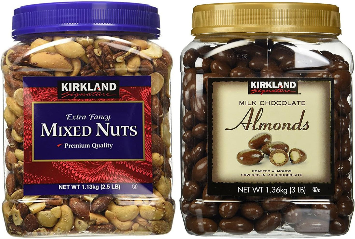Kirkland Signature Mixed Nuts and Milk Chocolate Roasted Almonds Bundle - Includes Kirkland Signature Fancy Mixed Nuts (2.5 LB) and Milk Chocolate Roasted Almonds (3.0 LB )