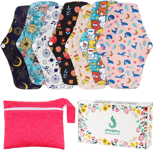 PHOGARY Reusable Menstrual Pads for Heavy Flow with Wet Bag, Sanitary Pads Set with Wings for Women, Washable Overnight Cloth Panty Liners (7 in 1, Style H)