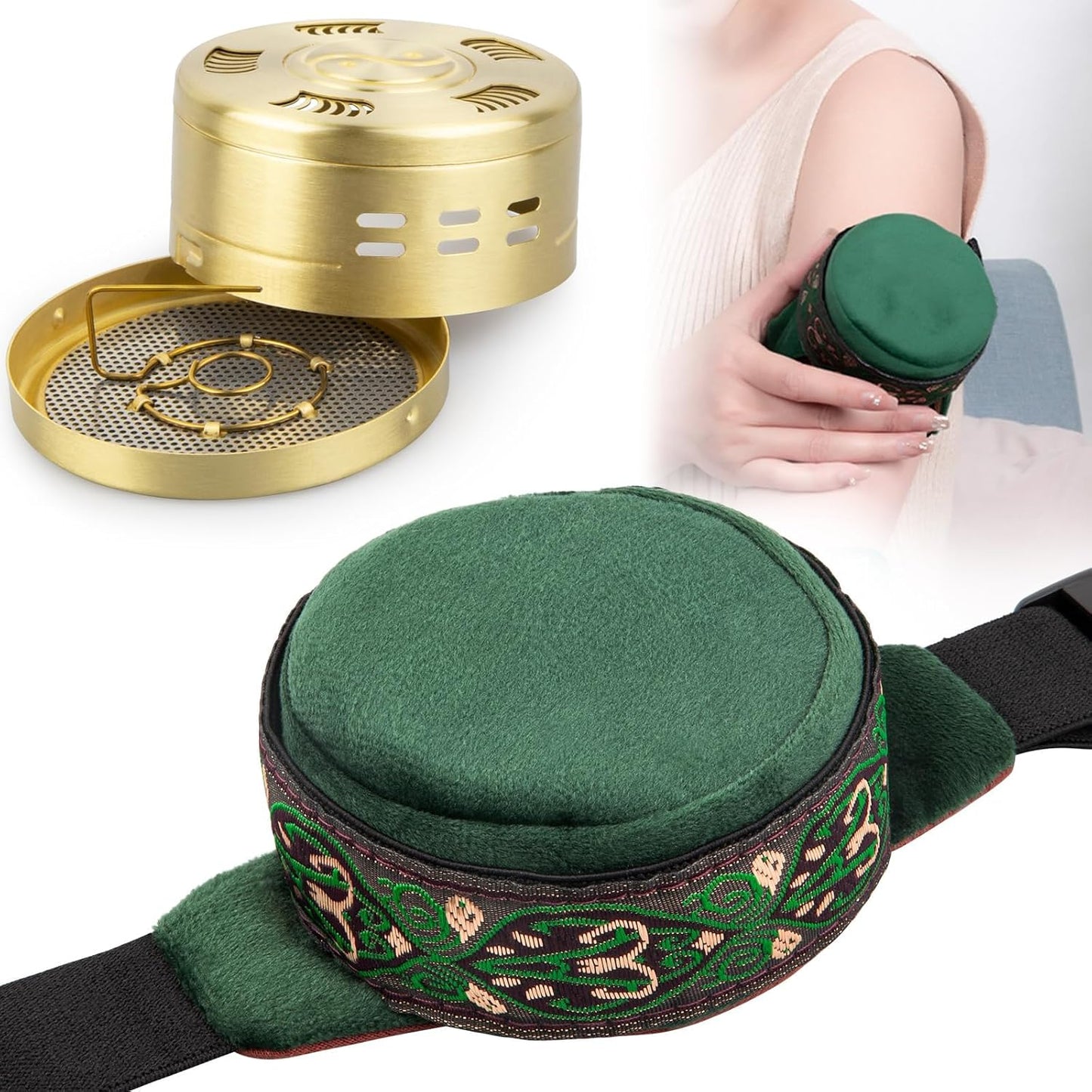 Copper Moxa Box with Bag Set, Copper Tank Moxibustion Treatment Tool, Moxibustion Box for Neck Knee Waist Shoulder Back Remove Dampness, 艾灸盒 艾草 Ai Jiu (1 Couplet)