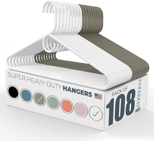 Neaties Super Heavy Duty Clothes Hangers 100 Pack (108 Count) â Made in The USA - 10lb Capacity, Thick Plastic Hangers for Pants, Coats, Jackets, Jeans and Adult Clothing â White & Gray