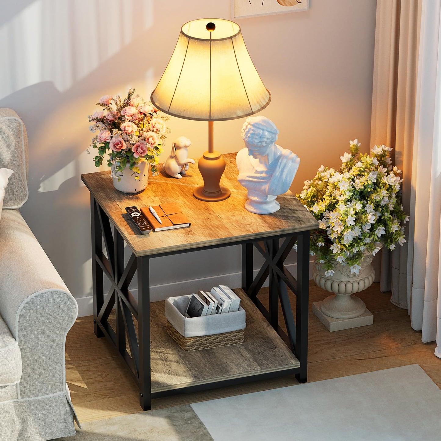 GreenForest Side Table, 50cm End Table with 2-Tier Storage Shelf, Square Small Bed Side Table for Living Room, Farmhouse Sofa Nightstand for Bedroom Office, Grey Wash