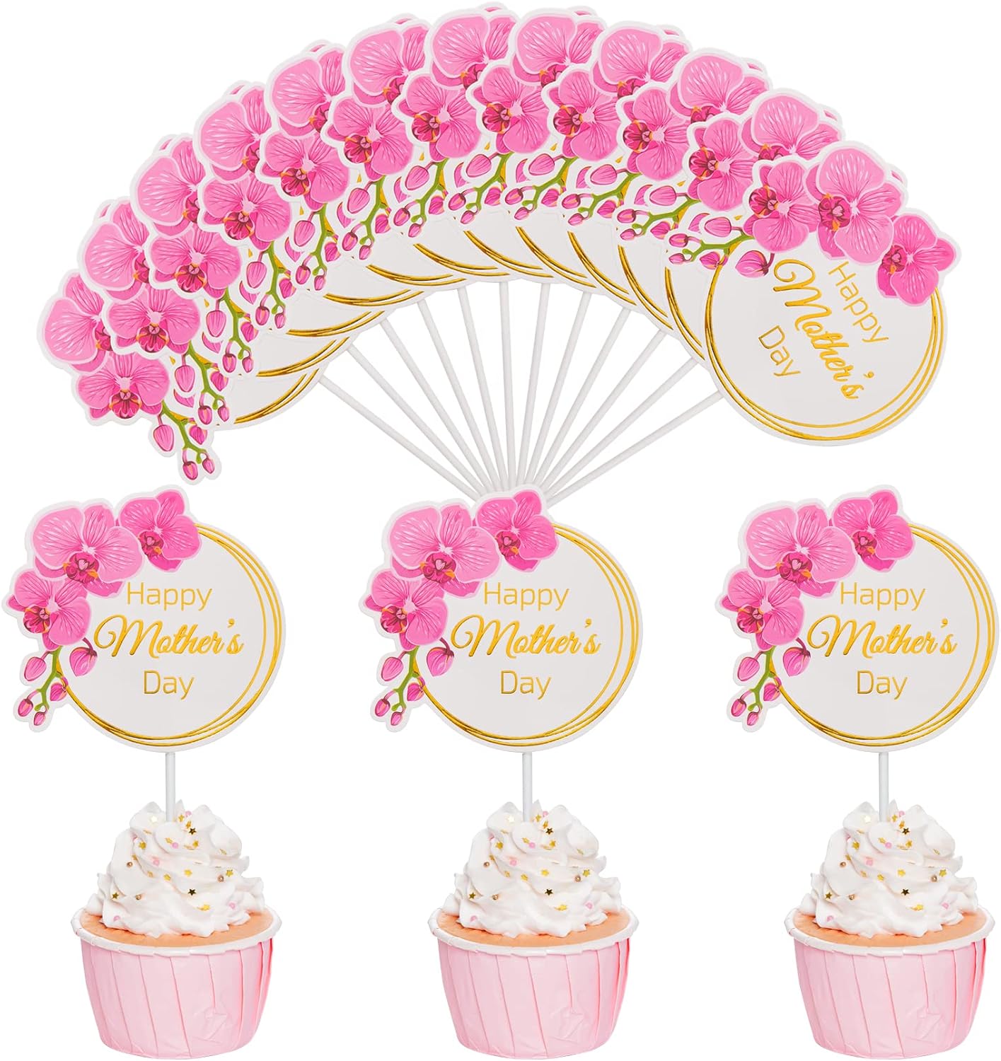 12 Pieces Happy Mother's Day Cake Toppers Flower Cupcake Topper for Mother's Day Birthday Cake Decoration Party Supplies (Style 3)