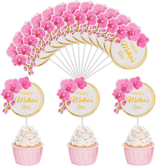 12 Pieces Happy Mother's Day Cake Toppers Flower Cupcake Topper for Mother's Day Birthday Cake Decoration Party Supplies (Style 3)