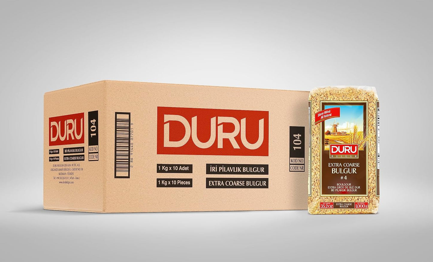 Duru Extra Coarse Bulgur, 1 Kg x 10 Pieces, Wheat Berries, 100% Natural and Certificated, High Fiber and Protein, Non-GMO