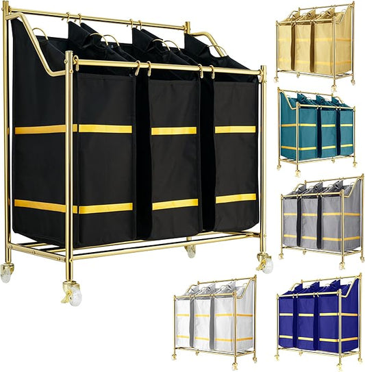 LUXURY STYLE Laundry Hamper, 3-Section Rolling Laundry Sorter Cart with Wheels, Modern Golden Hamper with 3 Bags for Clothes, Toys, and Towels