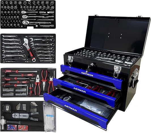 Campfun 439PCS Tool Set, Mechanic Tool Set for Home, Tool Box Set 4-Tier Socket Wrench Ratchet Plier Nails, Home Tool Set Mechanics Kit with 3 Drawers Organizer for Adults Man Handyman, Blue