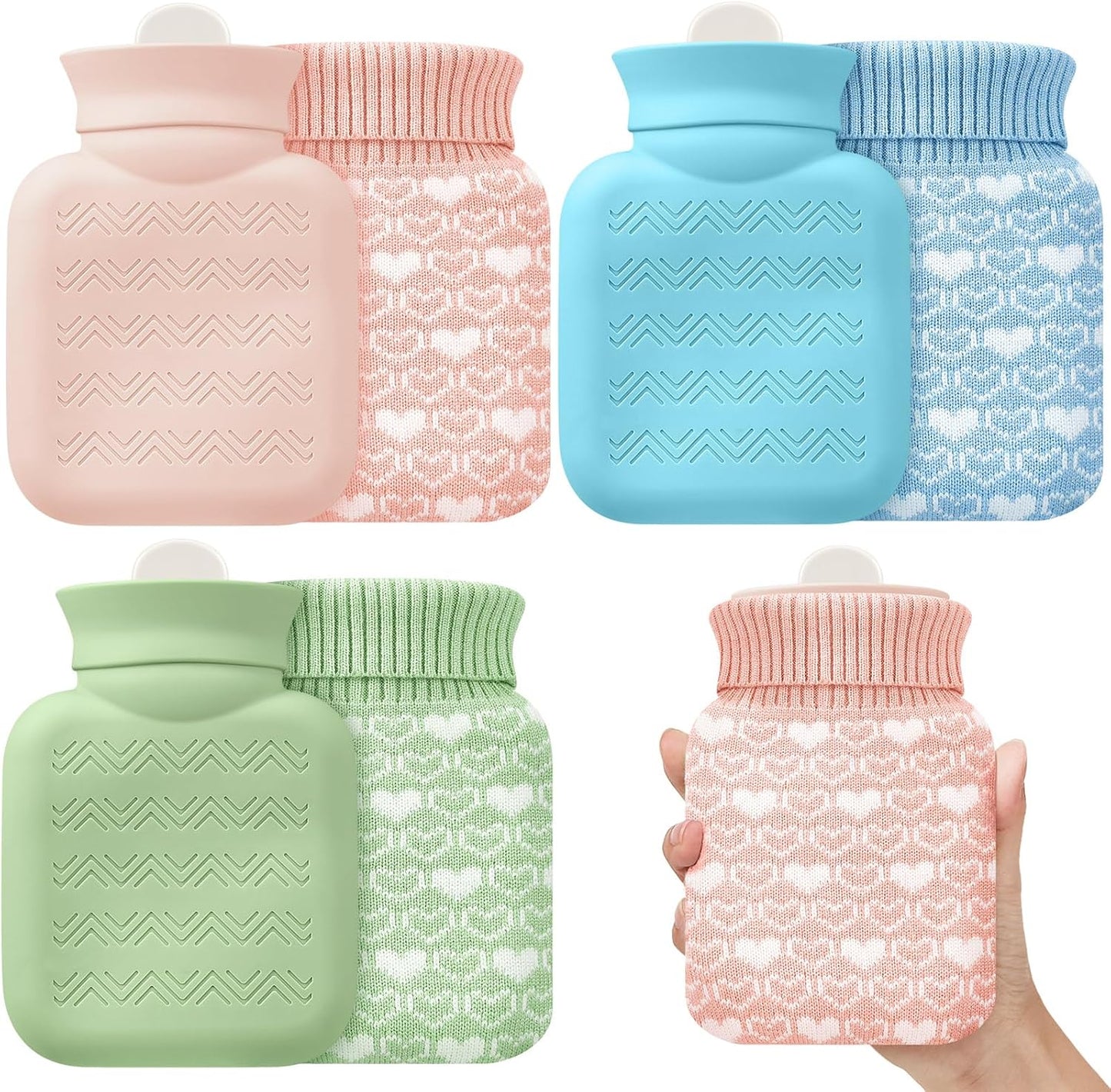 Amylove 3 Pcs Mini Hot Water Bottle with Knitted Cover 320ml, Mother's Gift Water Bag for Women, Microwave Heating Bottle for Pain Relief Menstrual Cramps Travel(Pink, Blue, Green,Heart Print)