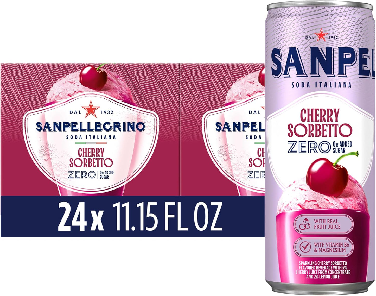 Sanpellegrino Soda Italiana Cherry Sorbetto Italian Sparkling Drink, 0g Added Sugar, Real Fruit Juice, Italian Soda Sparkling Beverage, 24-Pack