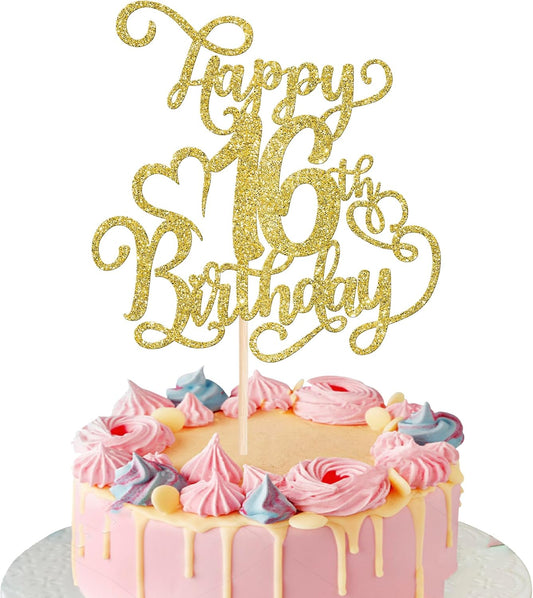 Rsstarxi 1 Pack Gold Glitter Happy 16th Birthday Cake Topper Cheers to 16 Years Old 16 Fabulous Cake Pick 16th Birthday Cake Decoration for Happy 16th Birthday Anniversary Party Decorations