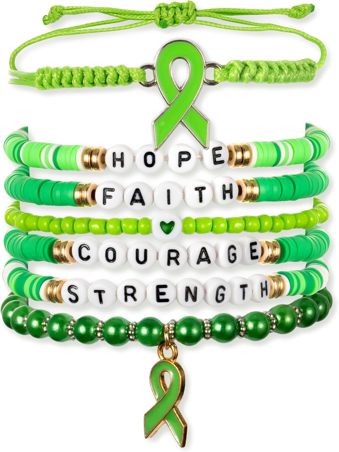 Y1tvei Mental Health Awareness Bracelets - 8Pcs Green Ribbon Faith Hope Clay Bead Bracelet with Reminder Card Gifts, Motivational Stackable Clay Beaded Stretch Friendship Jewelry Accessory for Women