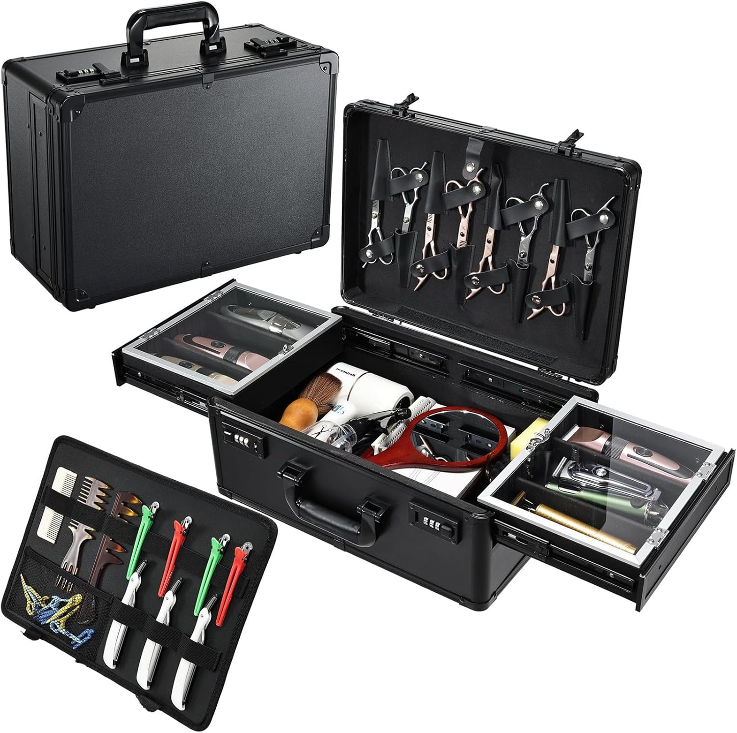 Yueieoun Barber Case 6 Clippers Sliding Tray, Profesional Barbers Briefcase Tool Case, Barber Cases for Clippers and Supplies, Hair Scissors Trimmer Organizer, Salon Hair Grooming Hard Travel Suitcase