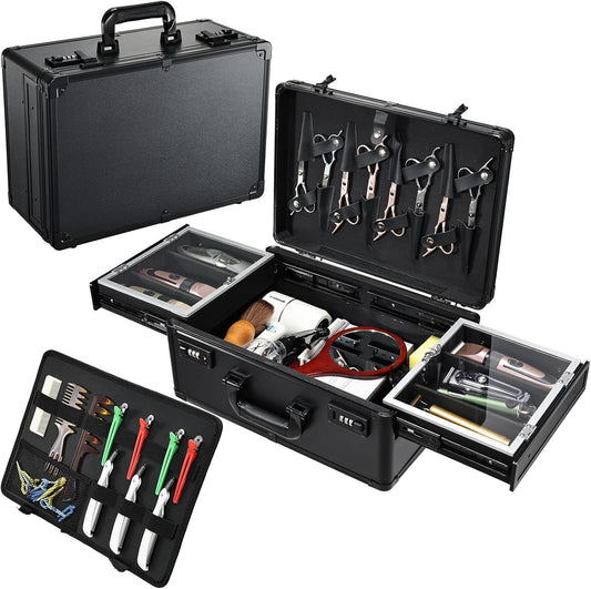 Yueieoun Barber Case 6 Clippers Sliding Tray, Profesional Barbers Briefcase Tool Case, Barber Cases for Clippers and Supplies, Hair Scissors Trimmer Organizer, Salon Hair Grooming Hard Travel Suitcase