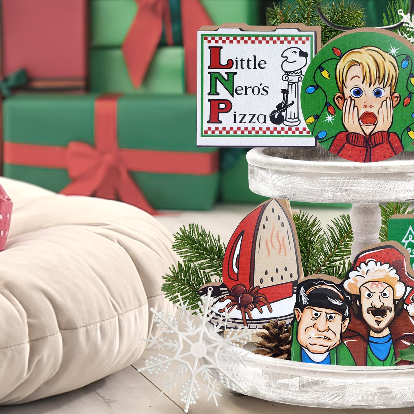 Uruney Merry Christmas Tiered Tray Decor, Christmas Classic Movie Tray Decorations, Xmas Alone Boy Kevin Thieves Wooden Signs, Funny Holiday Rustic Farmhouse Home Decor for Table Shelf Mantel Party