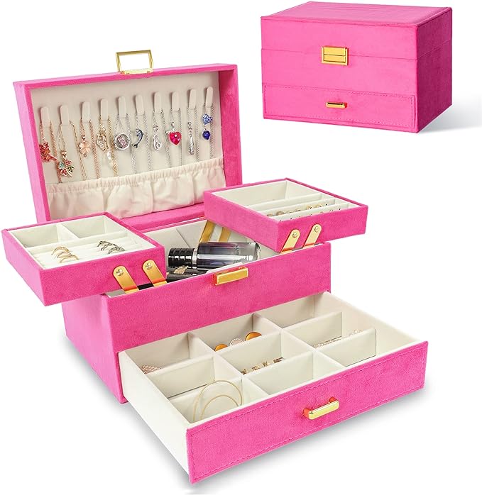 Dajasan Jewelry Storage Box, Large Jewelry Organizer Box, 3-Layer Velvet Jewelry Boxes for Women, Girls, Friends, Wife or Mother (Red)