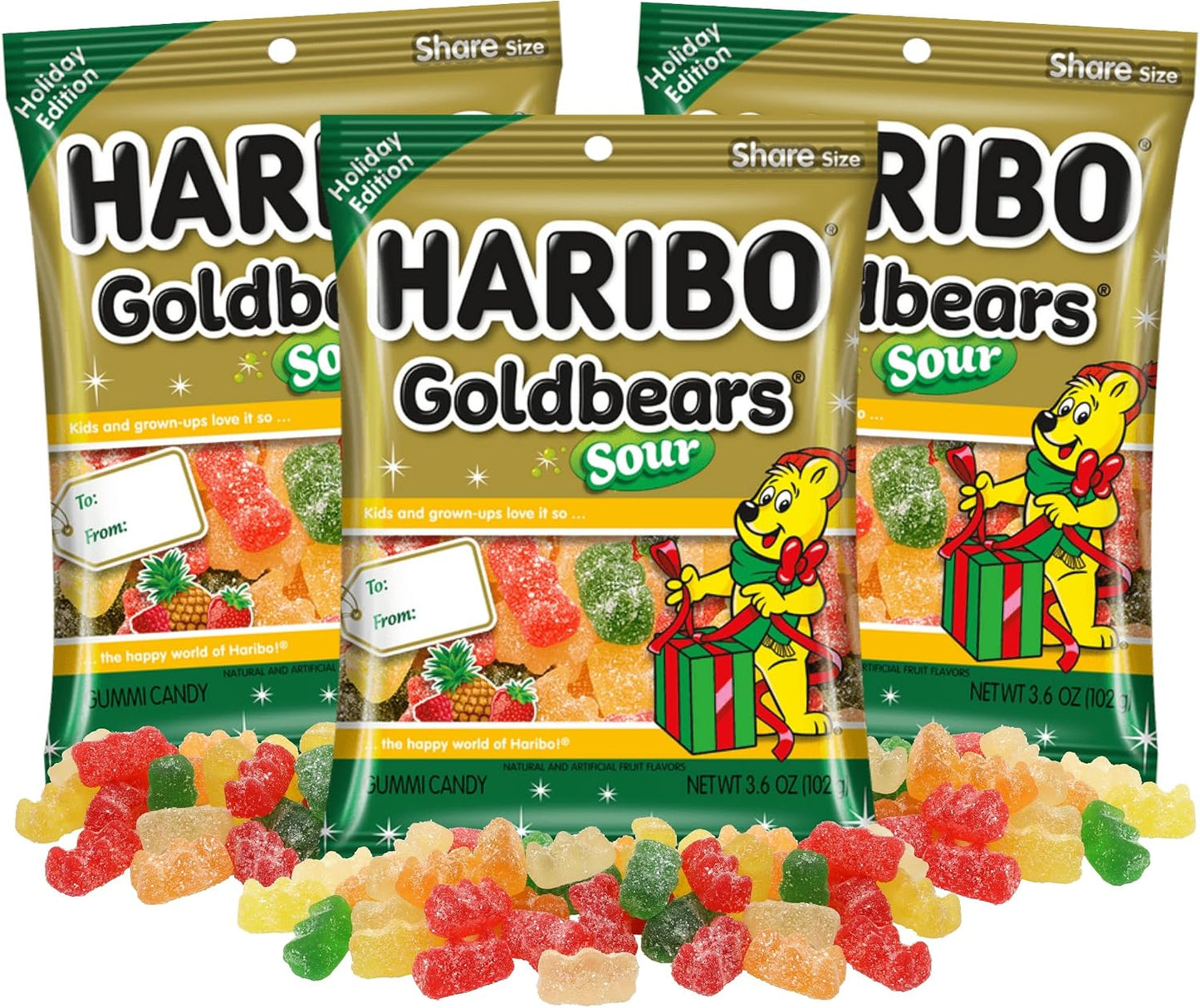 Christmas Haribo Sour Goldbears, Assorted Fruit Flavored Gummy Bears, Holiday Stocking Stuffer Candy, 4 Ounces (Pack of 3)