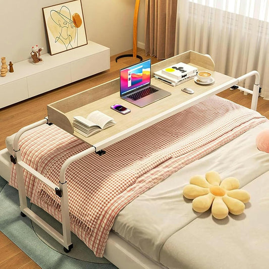 Overbed Table with Wheels, Height Adjustable 65-95cm Computer Desk Standing Workstation Food Tray Desk Rolling Table for Twin/Full/Queen/King Size Bed Frame