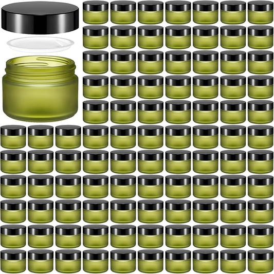 Domensi 100 Pcs 1 oz Glass Jars with Lids Bulk Round Glass Cosmetic Jars for DIY Lip Balm Small Travel Containers with Inner Liner for Lotions Powders Ointments Sample Cream(Bean Green,Black)