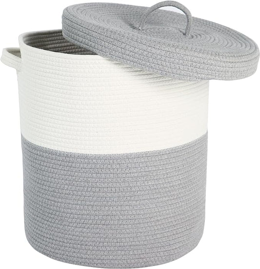 Large Storage Basket with Lid 60L, 16"Wx18"H Woven Laundry Hamper Basket with Handle, Room Decor Cotton Rope Wicker Basket Toy Organizer Bins for Clothes Blankets Pillows, Gray/White Mix includes Lid