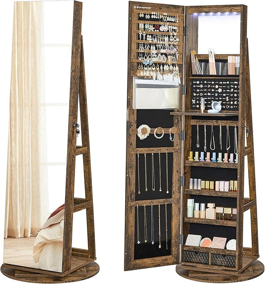 SONGMICS 6 LEDs Lockable Mirror Jewelry Cabinet, 360Â° Swivel Jewelry Organizer Armoire Standing, Frameless Full-Length Mirror, 3 Storage Shelves, Rustic Brown Surface, Black Lining UJJC007X01