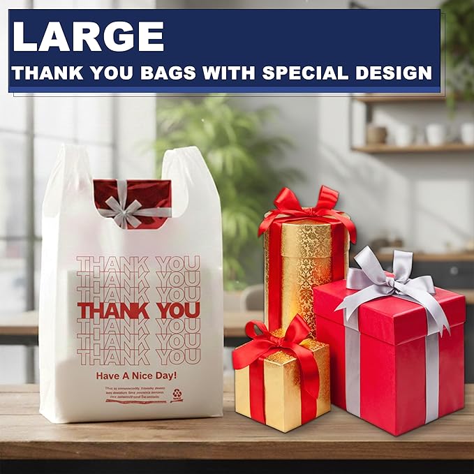 YoYoRain White Thank you T shirt bag, Grocery shopping bag Reusable and Disposable Supermarket Bag 11''x6''x21'' 200PCS