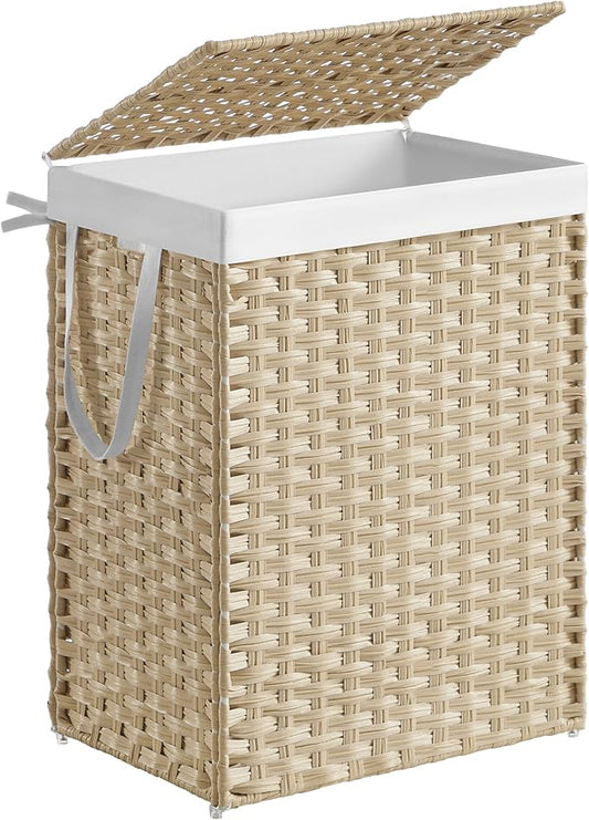 SONGMICS Laundry Hamper with Lid, 23.8 Gallon (90L) Synthetic Rattan Clothes Laundry Basket with Lid and Handles, Foldable, Removable Liner, Summer Sand ULCB051LZ01