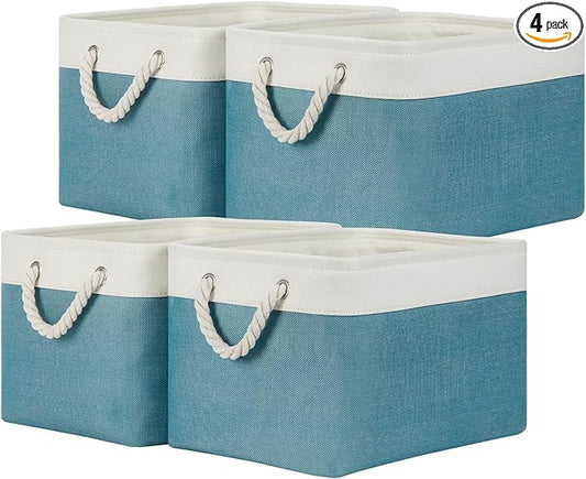 Temary Fabric Storage Baskets 4Pack Storage Bins Decorative Basket for Gift, Clothes Bin with Rope Handle, Rectangle Baskets for Storage, Blankets(White&Teal,15x11x9.5 inch)