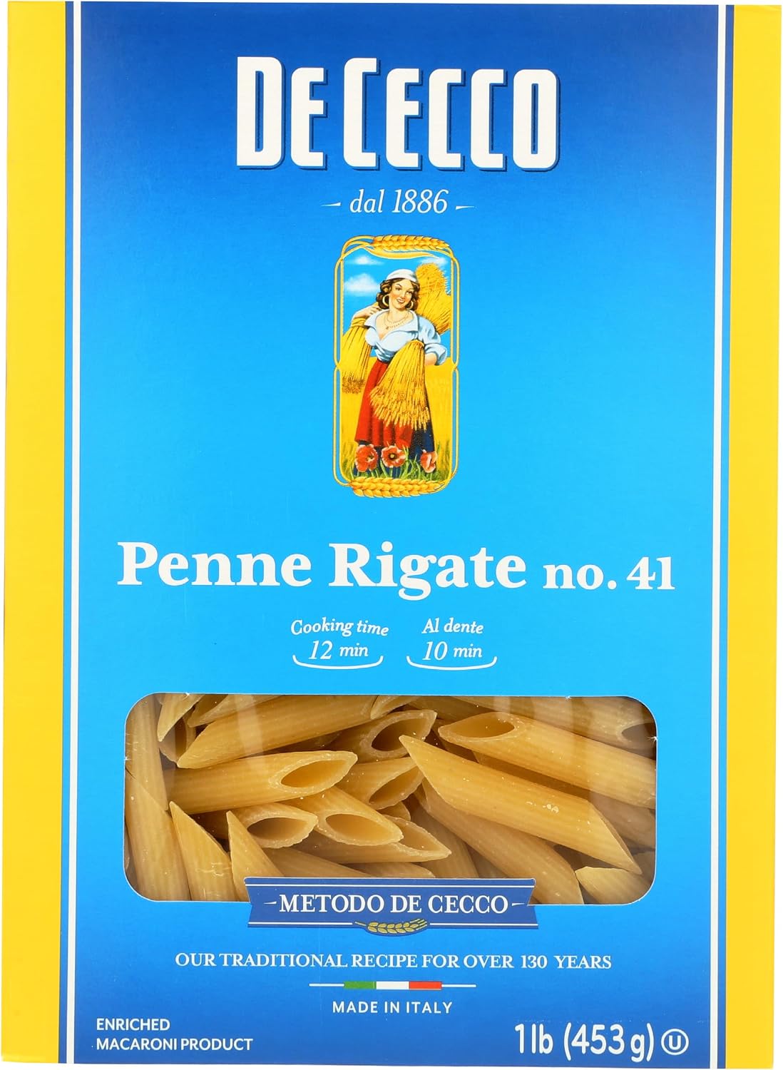 De Cecco Penne Rigate No. 41 Pasta, 16 Oz, Authentic, Slow Dried, Made with Durum Wheat, Versatile Pasta for Sauces & Recipes, Made in Italy