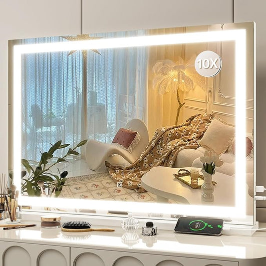 FENNIO Vanity Mirror with Lights 32"x22", Lighted Makeup Mirror, Large Vanity Mirror, Touch Sensor with 3-Color Lighting, USB Charging Port for Vanity Deskï¼Square Whiteï¼