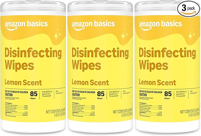 Amazon Basics Disinfecting Wipes, Lemon Scent, for Sanitizing, Cleaning & Deodorizing, 255 Count (3 Packs of 85), Packaging May Vary