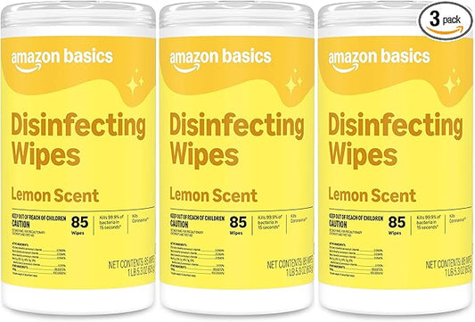 Amazon Basics Disinfecting Wipes, Lemon Scent, for Sanitizing, Cleaning & Deodorizing, 255 Count (3 Packs of 85), Packaging May Vary
